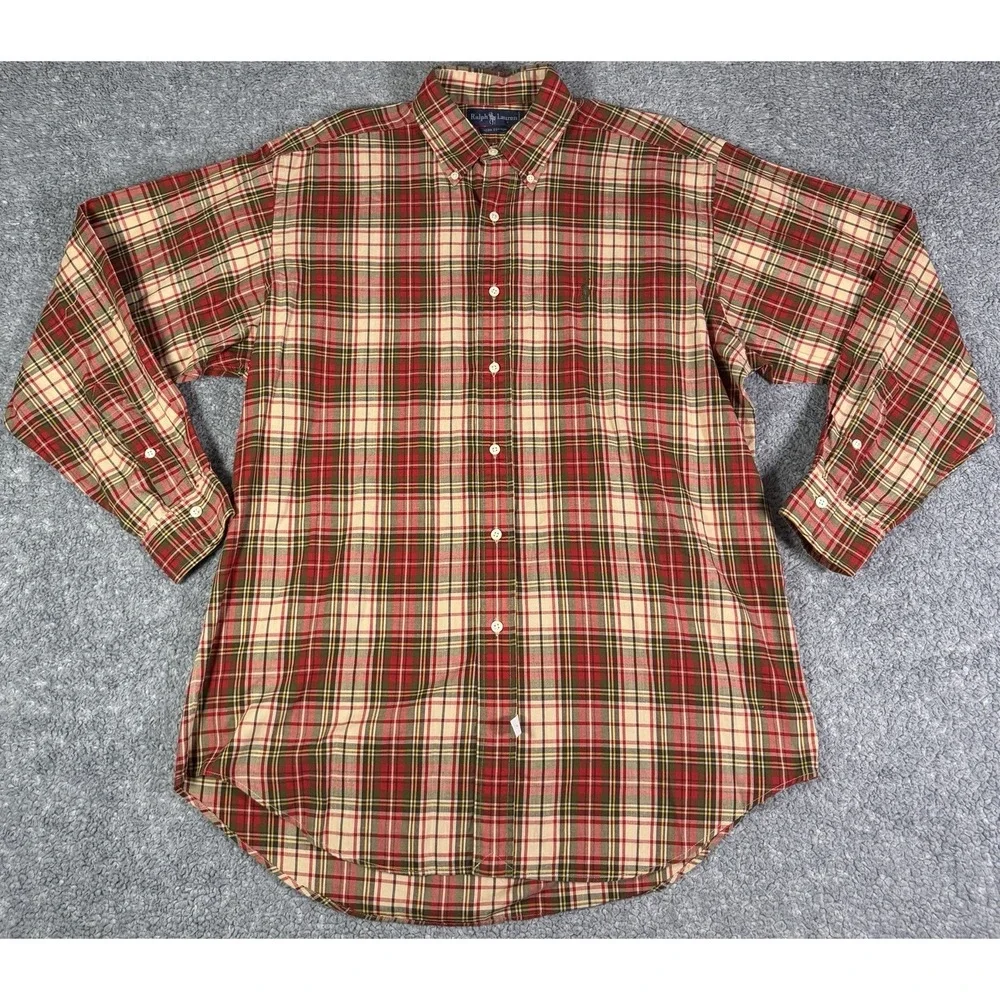 Vintage Ralph Lauren Shirt Red Green Tartan Plaid Button Down Mens Medium Pony